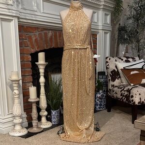 Mac Duggal Gold Sequin Halter Gown